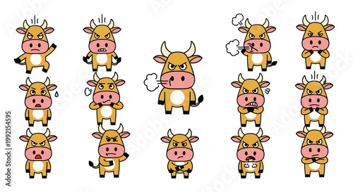 A group of cartoon cows are jumping and standing in a field