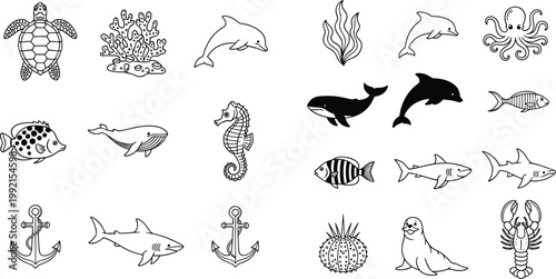 Ocean wildlife outline icon collection featuring dolphin, whale, shark, turtle, octopus, seahorse, coral, anchor and marine creatures in clean vector line style
