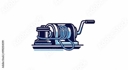 A stylized illustration of a nautical winch with blue rope coiled around it
