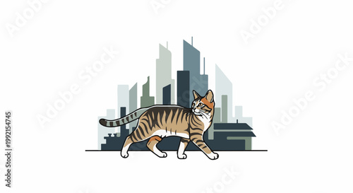 A stylized tabby cat walks with a cityscape silhouette in the background