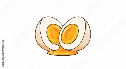 A stylized illustration of a soft-boiled egg, perfectly halved, with its rich, liquid yolk spilling artfully