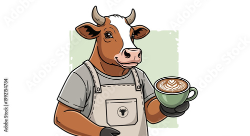 Cartoon cow holds coffee cup wearing apron indoors