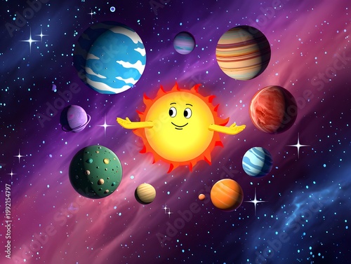 Happy cartoon sun is depicted at the center of a vibrant solar system illustration, surrounded by numerous colorful planets and sparkling stars.