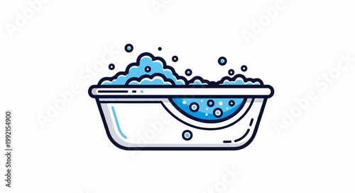 A stylized illustration of a white bathtub filled with blue water and overflowing with foamy bubbles