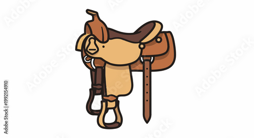 A stylized illustration of a western saddle with leather straps and stirrups