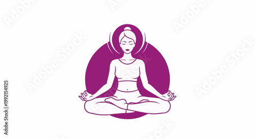 A stylized illustration of a woman in a lotus pose with eyes closed, meditating in front of a purple circle