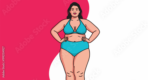 A stylized illustration of a woman in a blue bikini posing against a pink and white background
