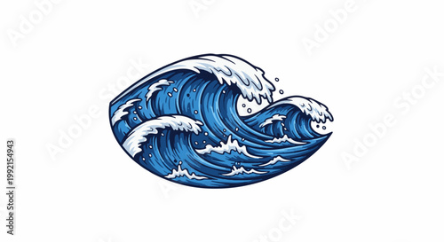 A stylized, pixelated illustration of powerful blue ocean waves crashing with white foam against a white background