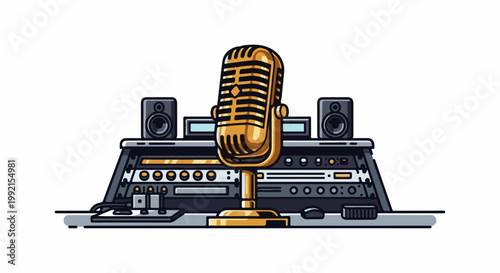 A vintage gold microphone stands centered on audio equipment with speakers