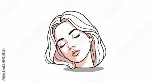 A stylized illustration of a young woman's head tilted with eyes closed, hair flowing softly