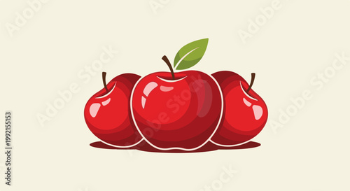 A trio of glossy red apples with a single green leaf, set against a neutral background