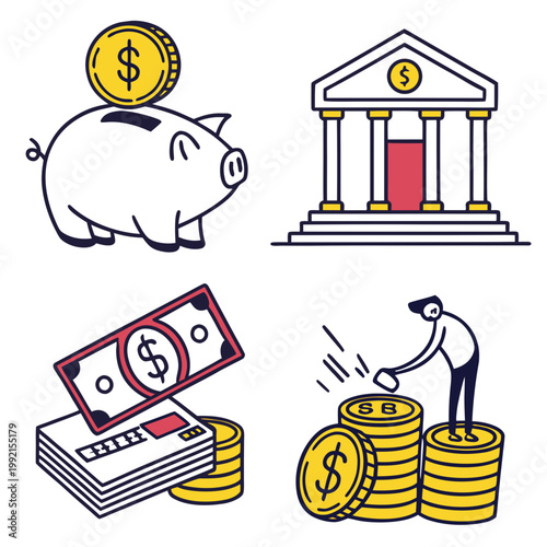 A vector graphic illustration of various financial icons including a piggy bank, bank building, money stacks, and a person stacking coins.