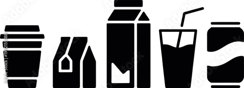 Beverage packaging icons set featuring coffee cup tea bag milk carton juice glass and can.