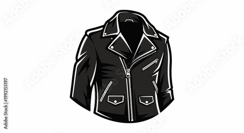 A stylized illustration of a black leather motorcycle jacket with a zipper