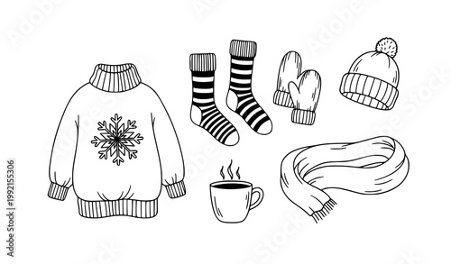 Winter Hygge Doodle Clothing Set Knitted Sweater Socks Hand Drawn Vector