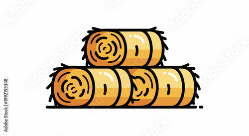 A stylized illustration of three golden hay bales stacked, with two on the bottom row and one centered above