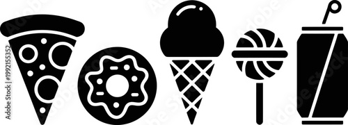 Collection of junk food icons pizza donut ice cream lollipop and soda can on transparent background.