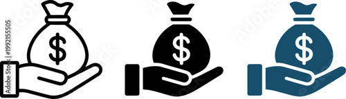 Hand offering money bag with dollar sign, donation and charity concept.