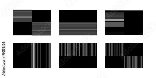 Set of black whole, streaked and half-striped rectangle geometric shapes isolated on white background. Blinds or shutters silhouettes. Minimalistic design elements. Vector graphic illustration.