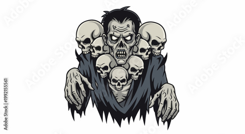 A terrifying zombie adorned with multiple skulls emerges from the shadows