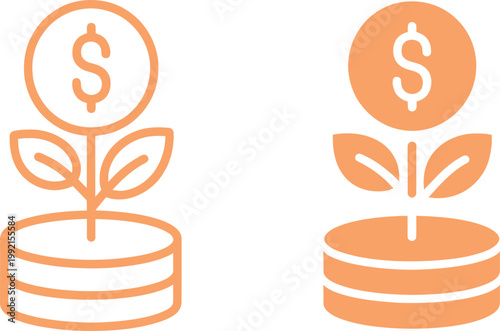 Orange money tree growing coins in pot symbolizing financial investment growth concept icon.