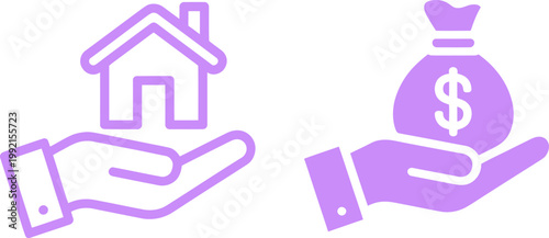 Purple hand holding house and money bag symbolizing real estate investment and home ownership finance.