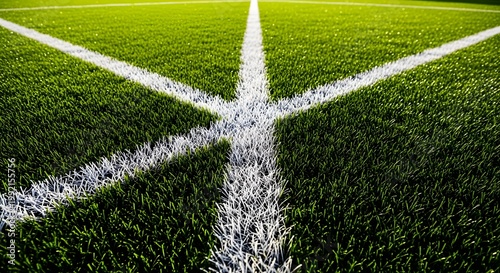 Soccer field markings on green artificial turf, close-up perspective
