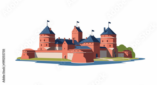 A walled fortification with conical blue roofs and brick-red towers, set against green foliage