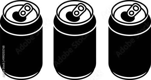 Set of three aluminum soda cans with open pull tabs for beverage industry marketing assets.