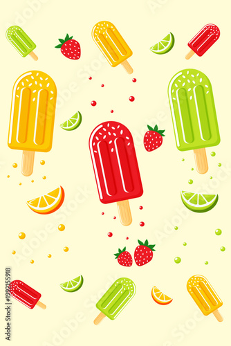 Colorful ice cream bars with lime and strawberry elements vector illustration.