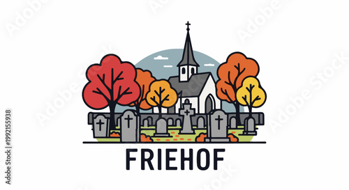 A stylized illustration depicts a cemetery with a church and autumnal trees, featuring tombstones