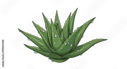A vibrant green aloe vera plant with glistening water droplets on its spiky leaves