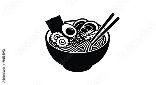 A black bowl of ramen with toppings shown in a striking silhouette