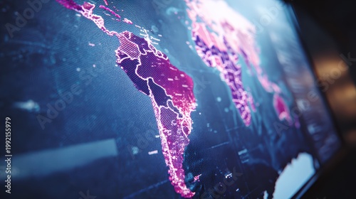Close up of worldwide advertising campaign map with regional targeting on large screen, global precision perfect for global ad targeting and worldwide marketing strategy concept