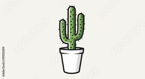 A vibrant green cactus with sharp spines stands tall in a clean white pot