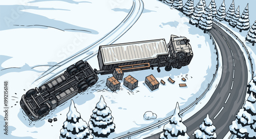 A truck has crashed and overturned on a snowy road, spilling its cargo