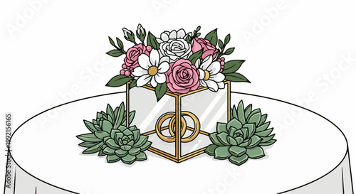 A wedding ring holder adorned with flowers and succulents sits on a draped table