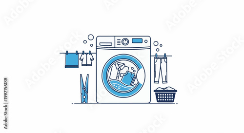 A washing machine is shown with clothes being washed inside and others drying on a line
