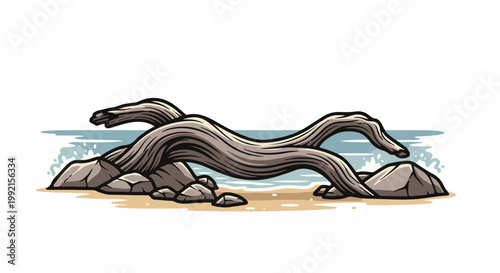 A twisted piece of driftwood rests on rocks at the edge of the ocean