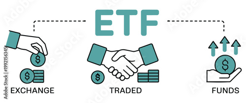 Exchange Traded Fund ETF concept with hands trading stocks and investment growth illustration