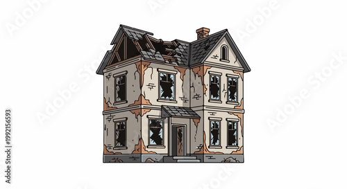 A two-story dilapidated house with a broken roof, damaged walls, and shattered windows stands isolated