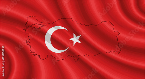 A stylized Turkish flag features a red, wavy background with a white crescent moon and star