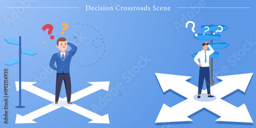 Decision Crossroads Scene Flat Vector Choice Paralysis Strategic Direction Illustration
