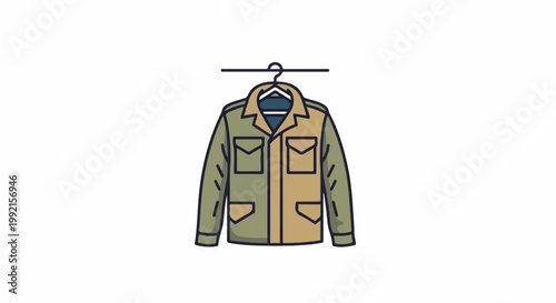 A utilitarian olive green and tan jacket with multiple pockets hangs on a simple hanger