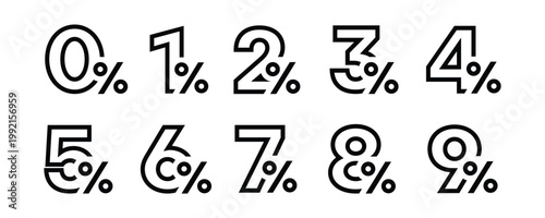Percentage numbers set from 0 to 9 in linear outline style