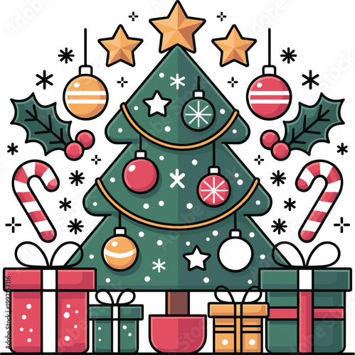 Christmas holiday line with decorated tree, presents, and ornaments