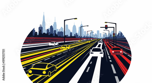 A stylized urban highway scene with cars moving at high speed, a city skyline in the background