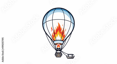 A whimsical hot air balloon with a fiery interior and a cartoon pilot