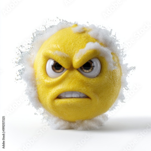Lemon emoticon scowling with foam on white background
