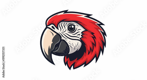 A stylized, vibrant parrot head with sharp, energetic lines and bold red plumage